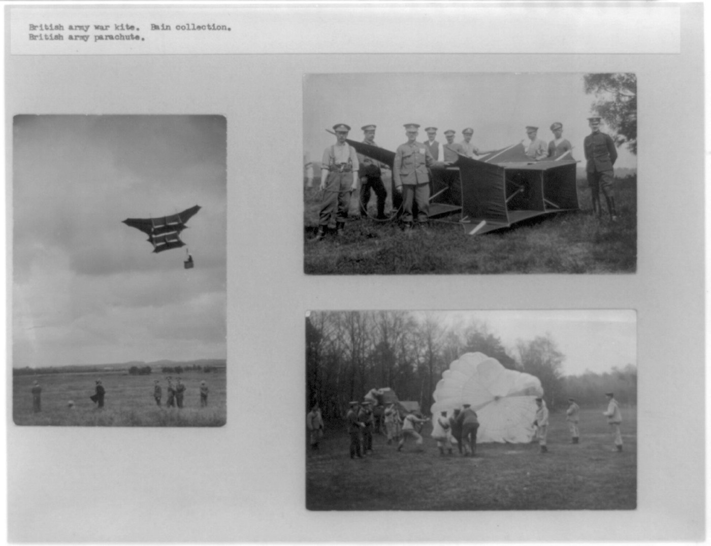 Archive sheet of three photographs: a large winged box kite aloft carrying a small basket, soldiers standing behind a kite of the same type on grass, and men handling a white canopy.