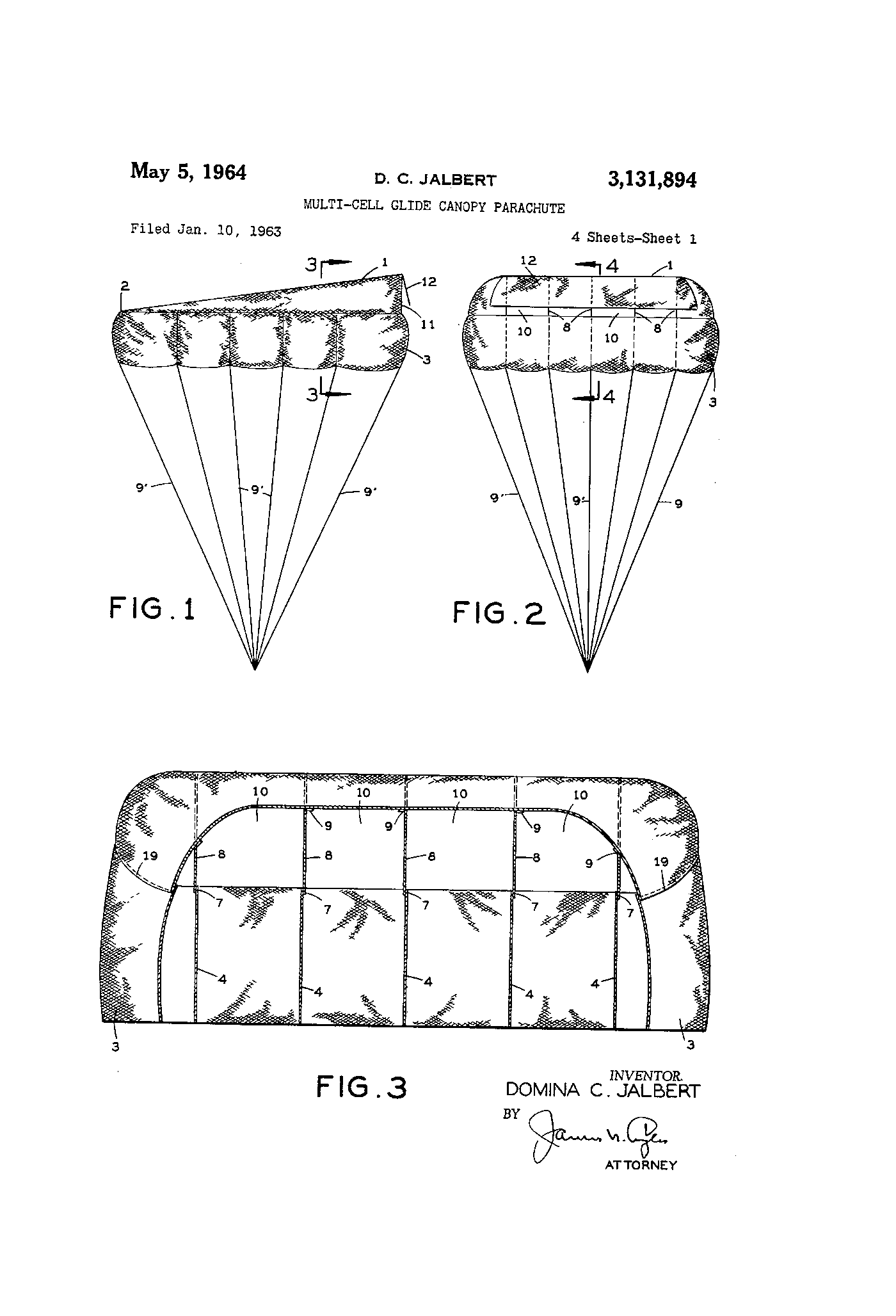 Patent drawing sheet showing a rectangular canopy divided into open-fronted cells, drawn in plan and in section, with suspension lines converging below it.