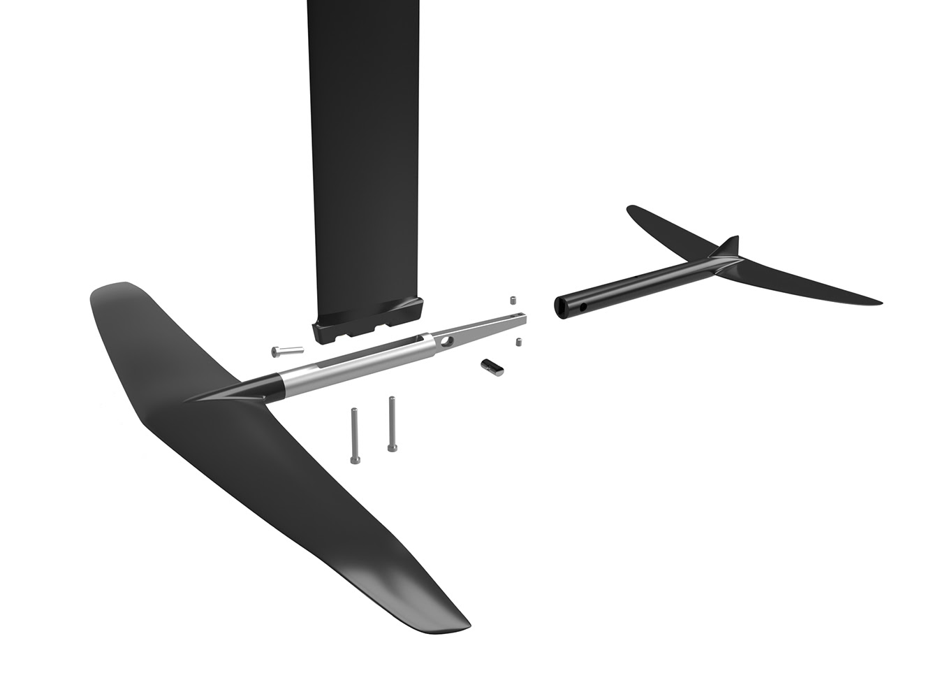 A hydrofoil out of the water on a beach, showing the vertical mast, the fuselage and the front and rear wings.