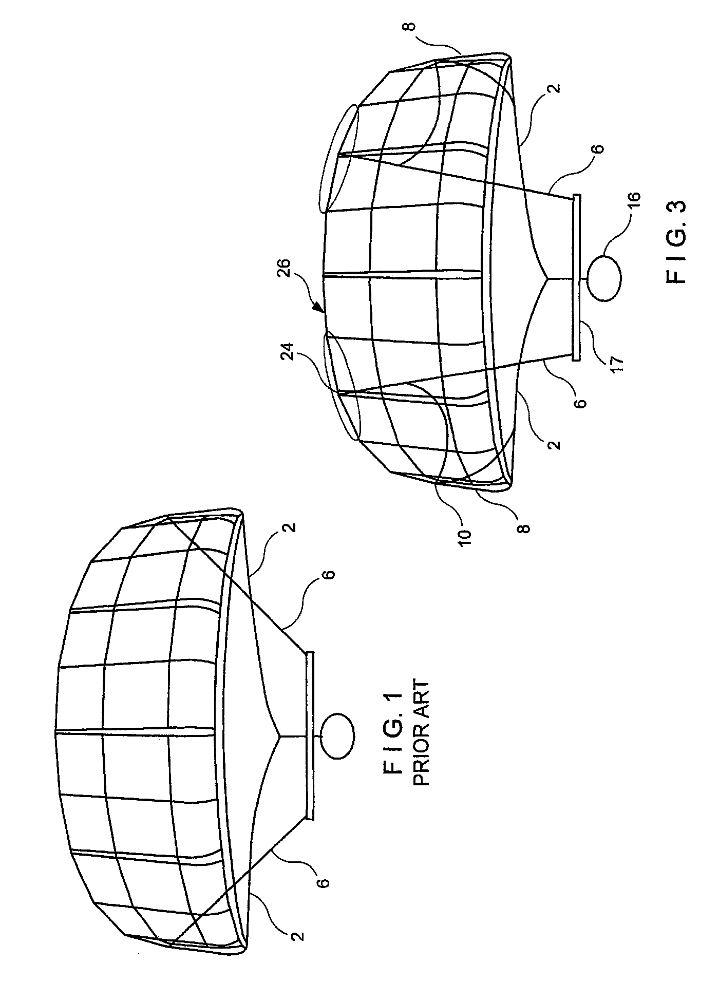Patent drawing of a kite seen from the front with a branching bridle of lines running from the leading edge down to two attachment points.