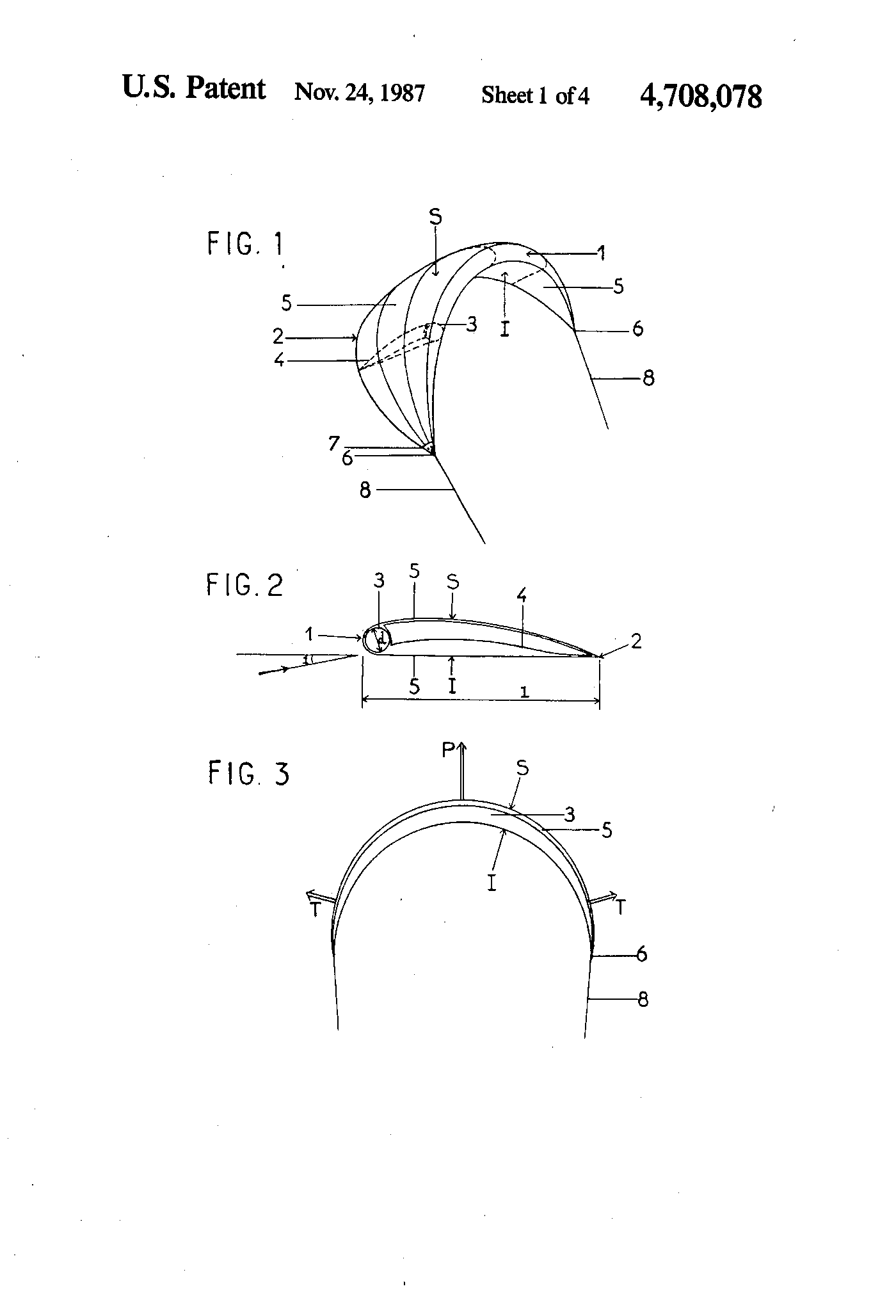 Three patent diagrams stacked on one sheet: a curved wing drawn in perspective with a tube along its leading edge, a thin aerofoil cross-section with an arrow marking the angle at which the wind meets it, and a head-on view showing the wing bent into a semicircle, all carrying numbered callouts.