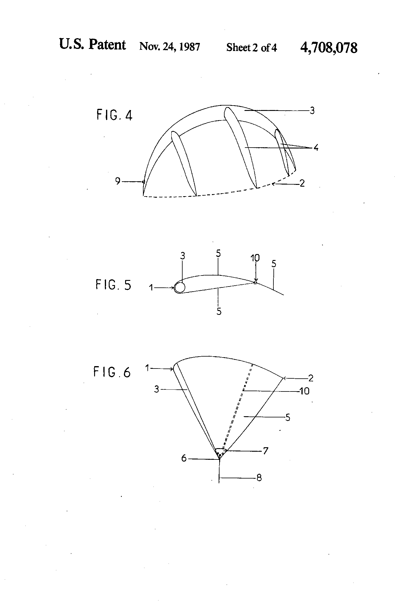 Three patent diagrams on one sheet: the bare inflatable skeleton of a wing in perspective, a thick curved tube along the top edge with several tapering ribs running down from it; a small profile section with a fastener marked along the trailing edge; and a fan-shaped view whose lines converge to a single point below.