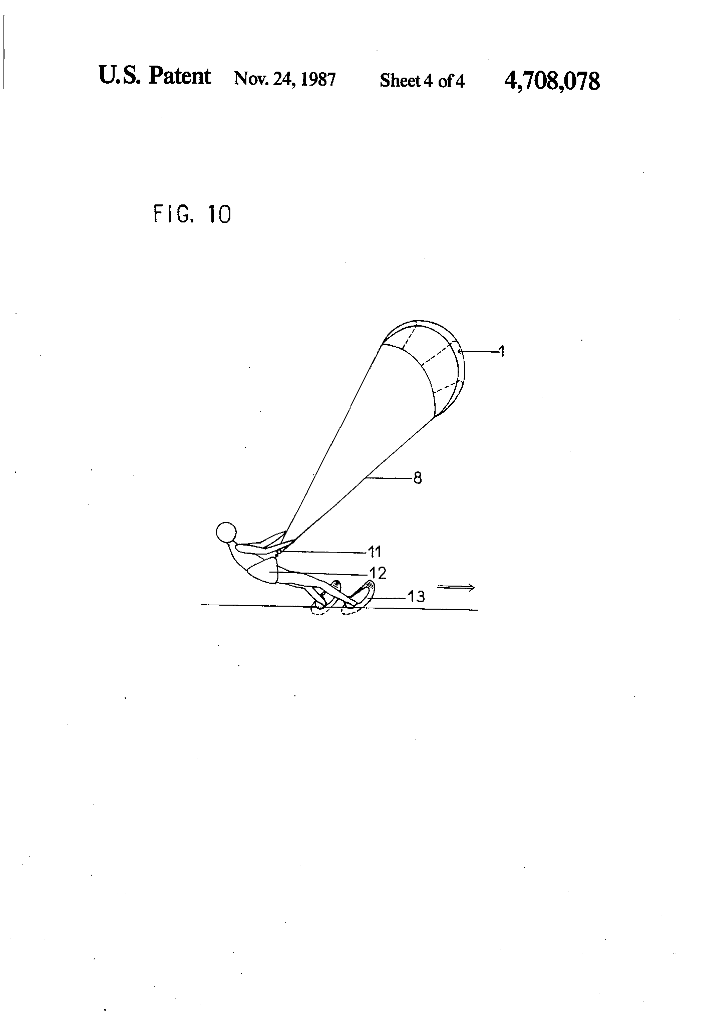 Further patent drawing of the inflatable wing, showing it in use pulling a craft with the control ropes running to a bar.
