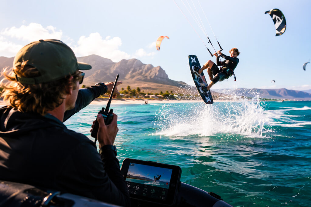 Kite coach on a boat coaching a kitesurfer launching a big air jump